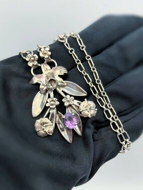 Vintage 925 Sterling Silver 1.25Ct Natural Amethyst Stone Orchid Floral Necklace